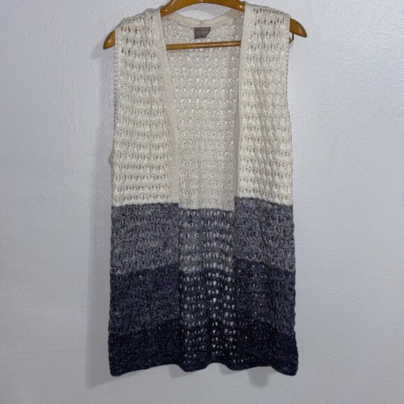 Chico’s Open Knit Ombre Sleeveless Cardigan‎ Vest Blue Gray Cream Medium/Large - Picture 4 of 12